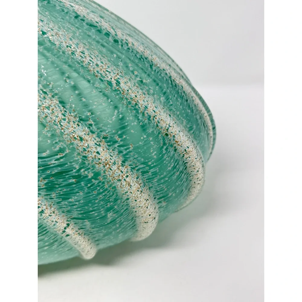 Art Glass Ribbed Urchin Vase 17x11 Teal Green Gold Fleck Coastal MCM Decor